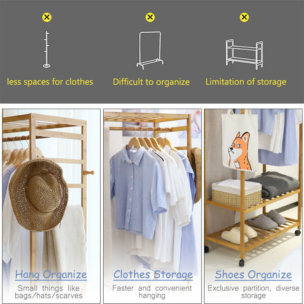 Three-tier bamboo clothes rack on wheels with side hooks and shelves