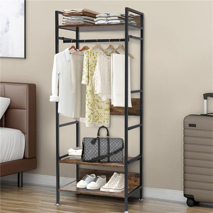 Metal garment rack with hanging rod, shelves and adjustable feet