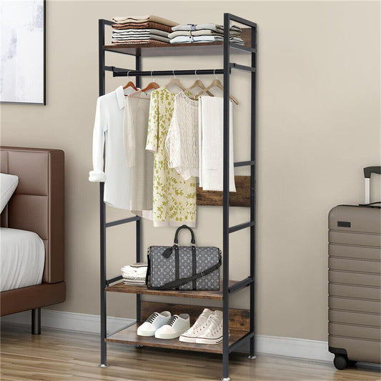 Metal garment rack with hanging rod, shelves and adjustable feet