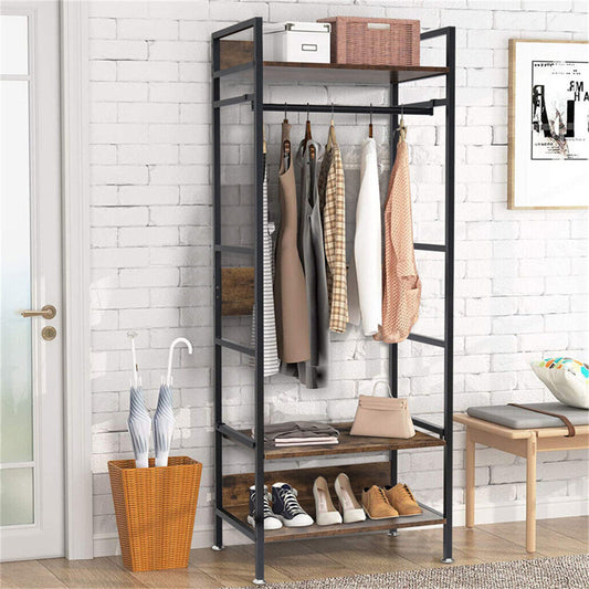 Metal garment rack with hanging rod, shelves and adjustable feet