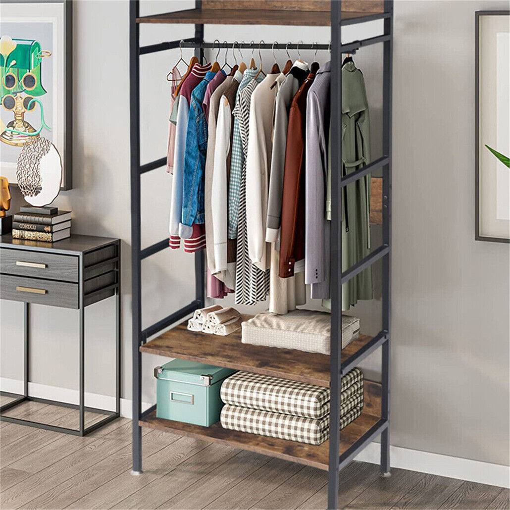 Metal garment rack with hanging rod, shelves and adjustable feet