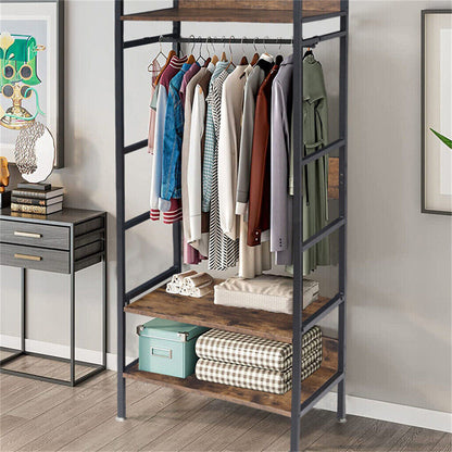 Metal garment rack with hanging rod, shelves and adjustable feet