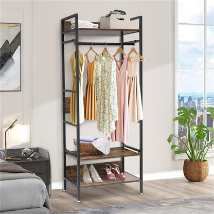 Metal garment rack with hanging rod, shelves and adjustable feet