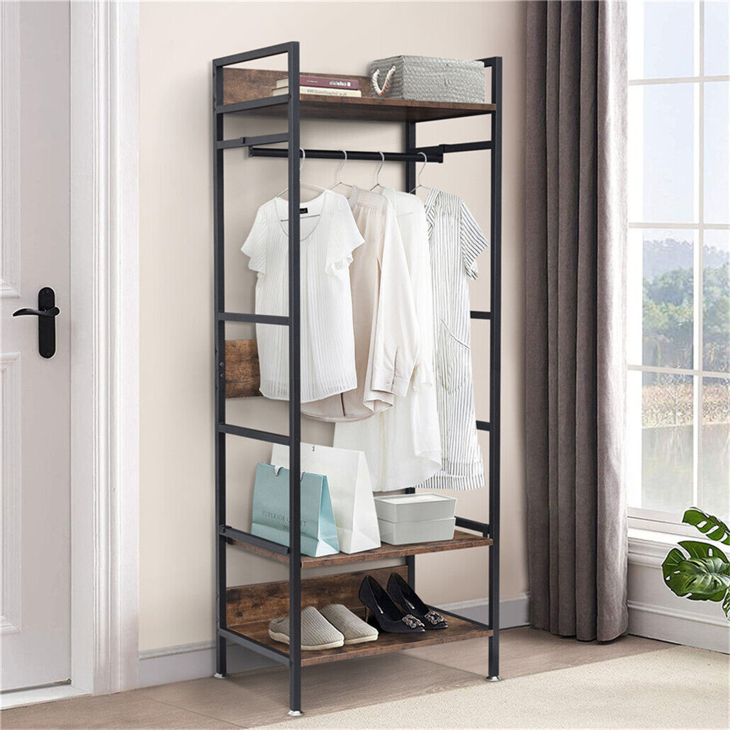 Metal garment rack with hanging rod, shelves and adjustable feet