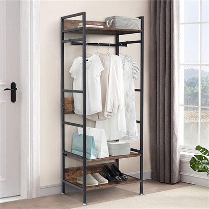 Metal garment rack with hanging rod, shelves and adjustable feet
