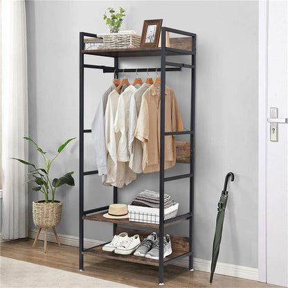 Metal garment rack with hanging rod, shelves and adjustable feet