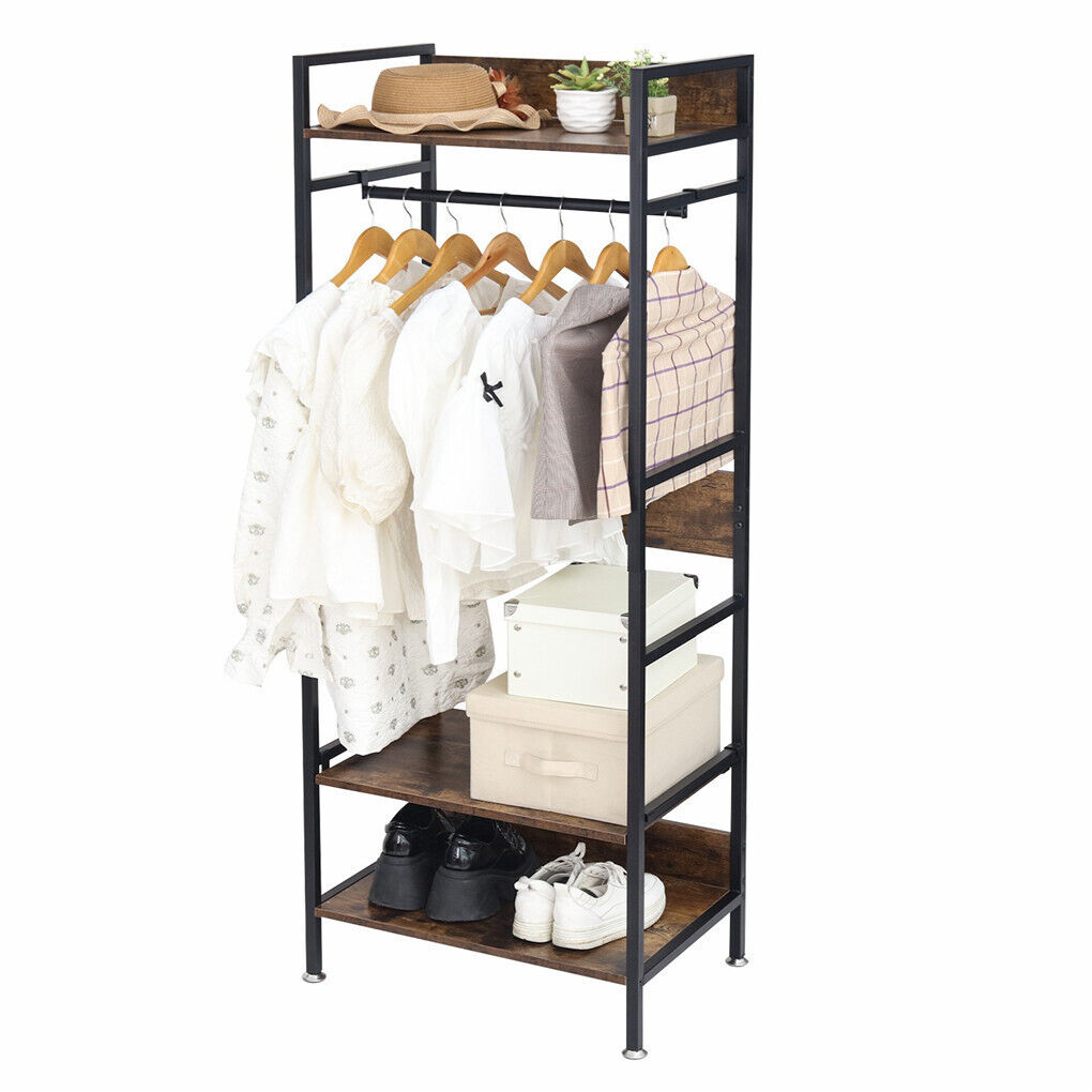 Metal garment rack with hanging rod, shelves and adjustable feet