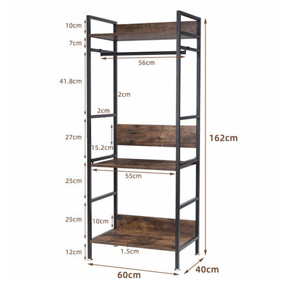 Metal garment rack with hanging rod, shelves and adjustable feet