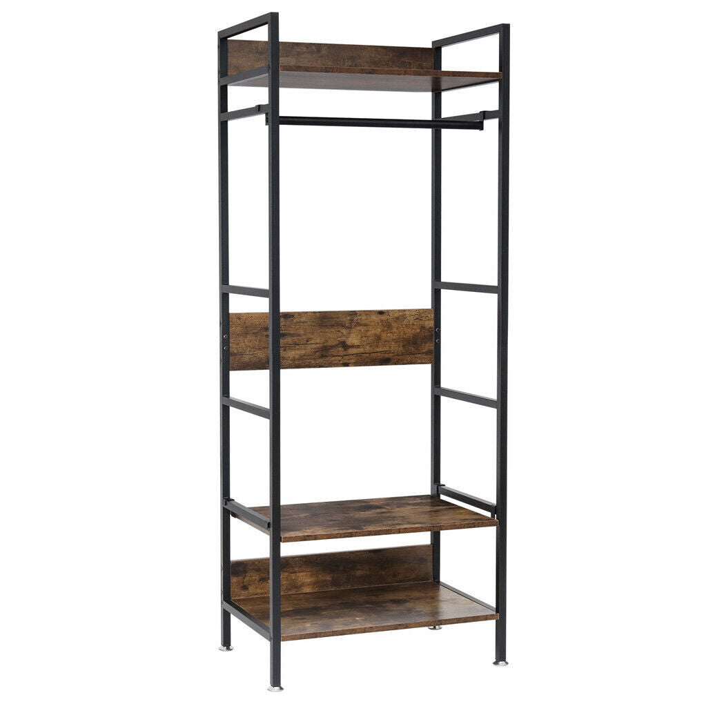 Metal garment rack with hanging rod, shelves and adjustable feet