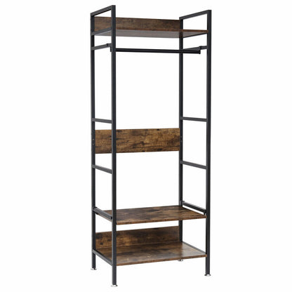 Metal garment rack with hanging rod, shelves and adjustable feet