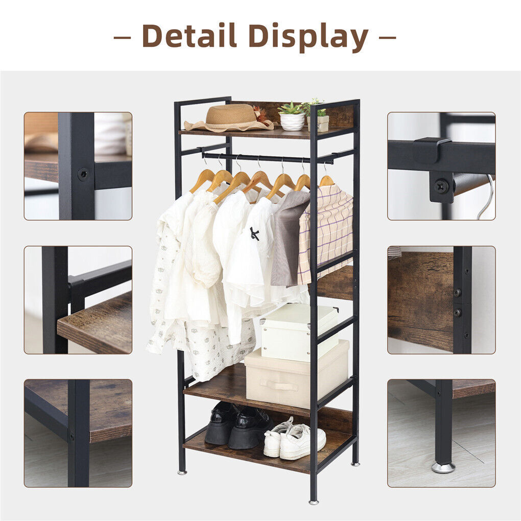 Metal garment rack with hanging rod, shelves and adjustable feet