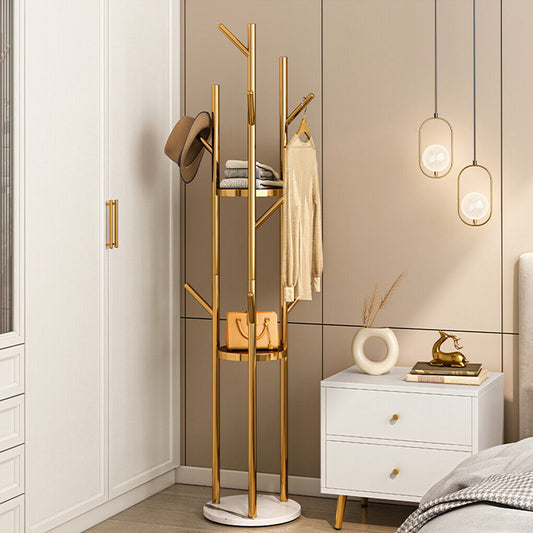 Tall marble and metal coat rack stand with gold frame, marble base and multiple hooks