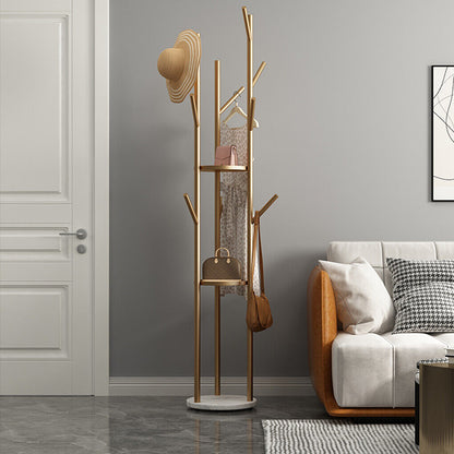 Tall marble and metal coat rack stand with gold frame, marble base and multiple hooks
