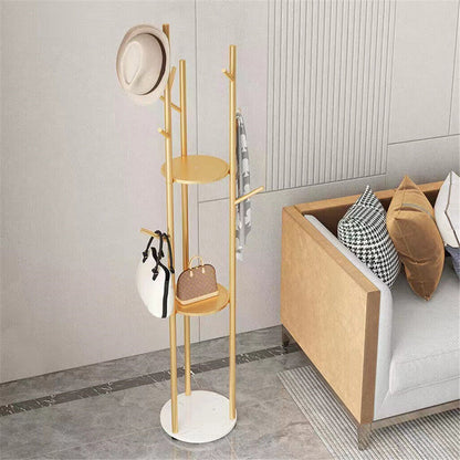 Tall marble and metal coat rack stand with gold frame, marble base and multiple hooks