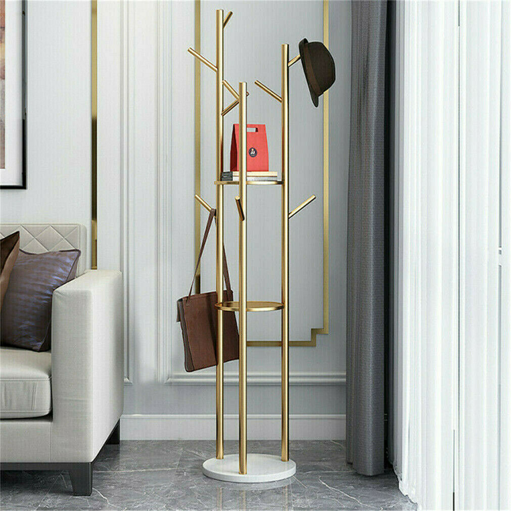 Tall marble and metal coat rack stand with gold frame, marble base and multiple hooks