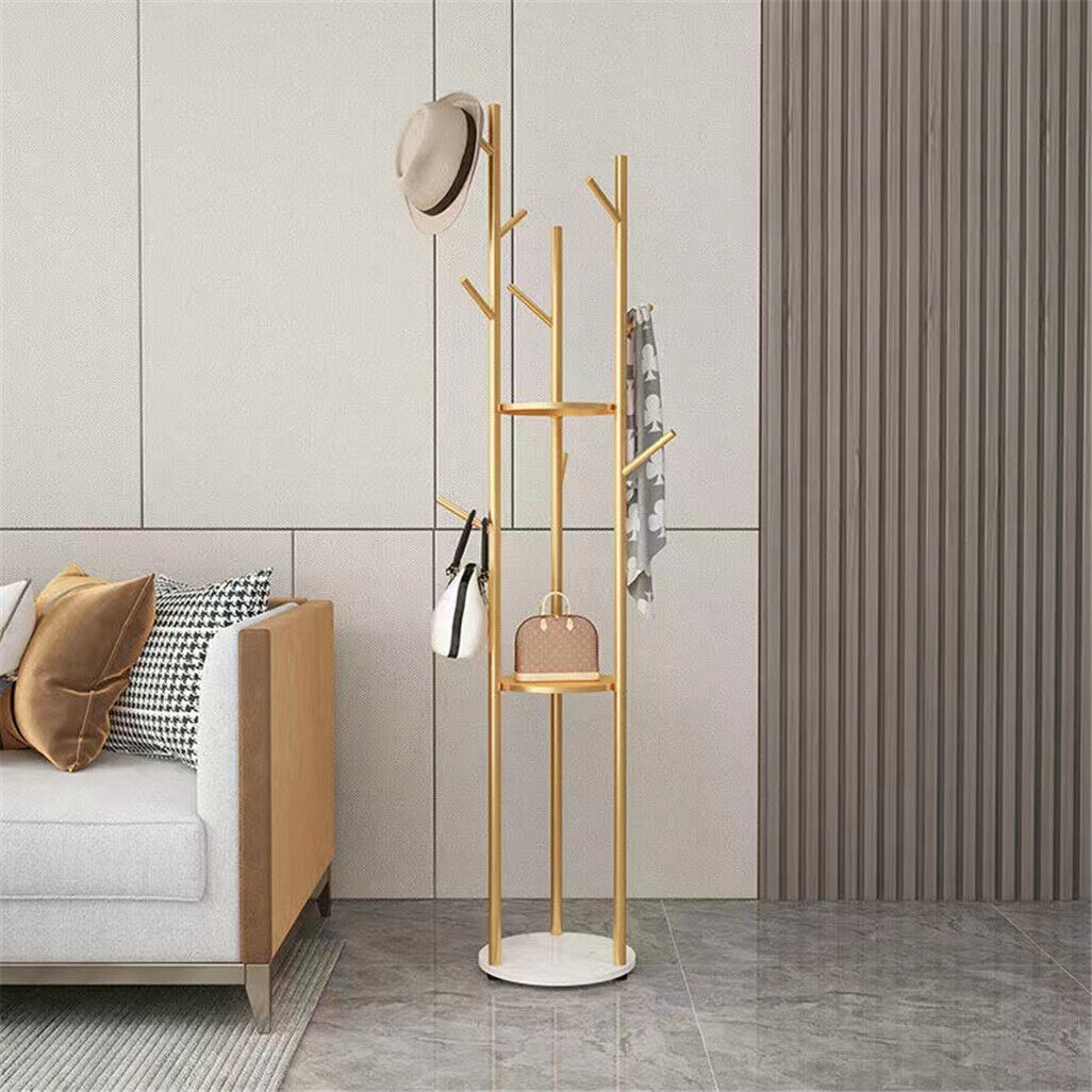 Tall marble and metal coat rack stand with gold frame, marble base and multiple hooks