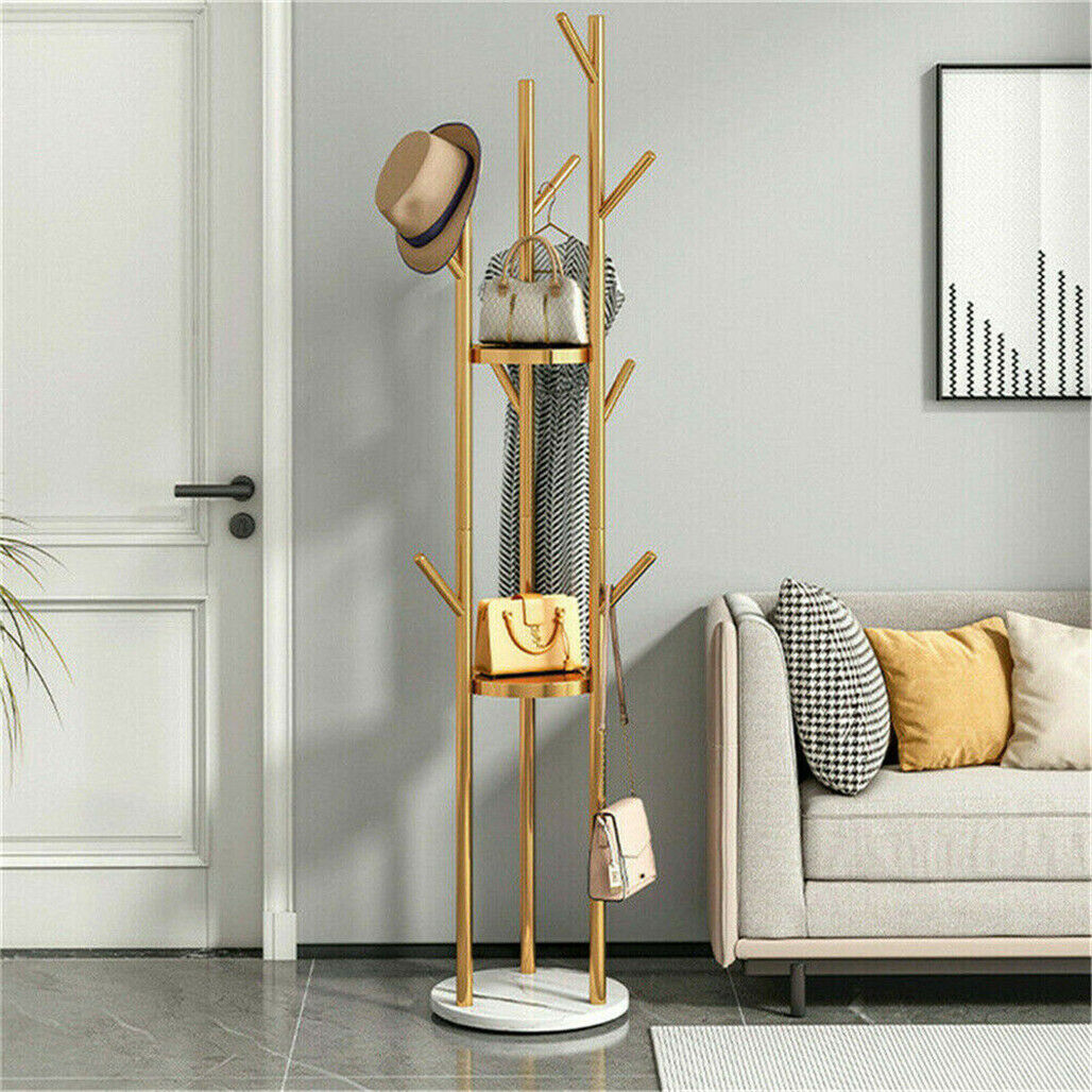Tall marble and metal coat rack stand with gold frame, marble base and multiple hooks