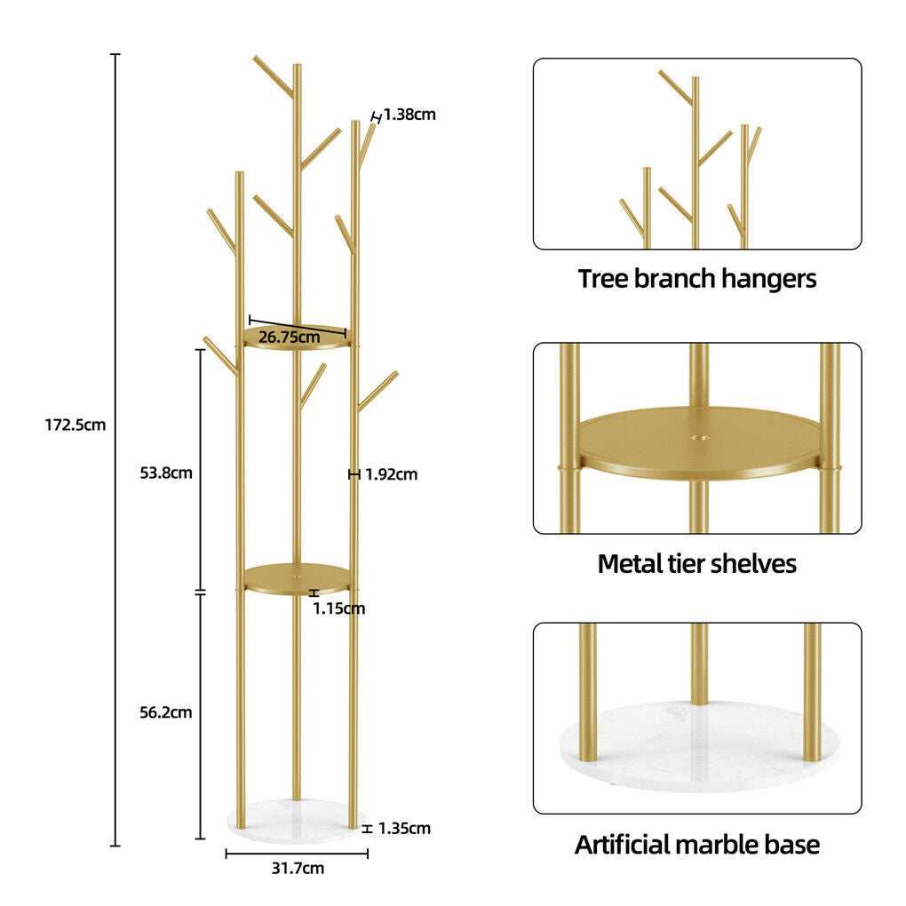 Tall marble and metal coat rack stand with gold frame, marble base and multiple hooks