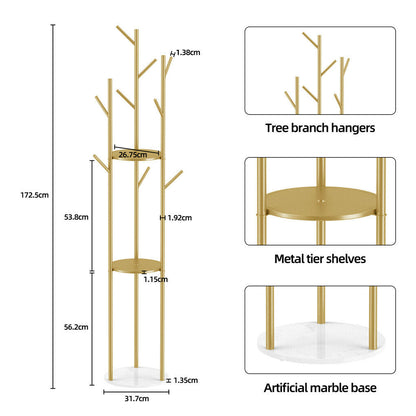Tall marble and metal coat rack stand with gold frame, marble base and multiple hooks