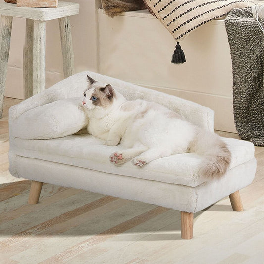 Beige raised pet sofa bed with plush sides and L-shaped design