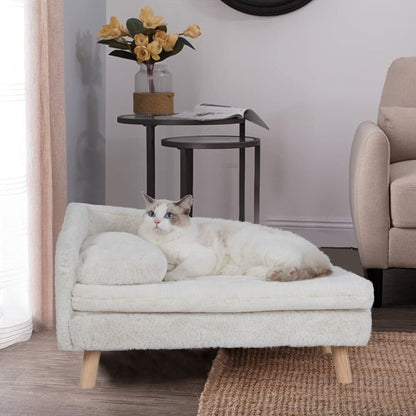 Beige raised pet sofa bed with plush sides and L-shaped design