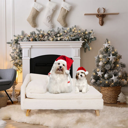 Beige raised pet sofa bed with plush sides and L-shaped design