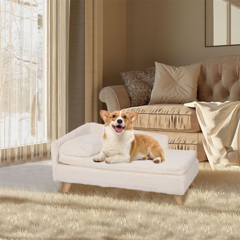 Beige raised waterproof dog and cat bed sofa with plush sides