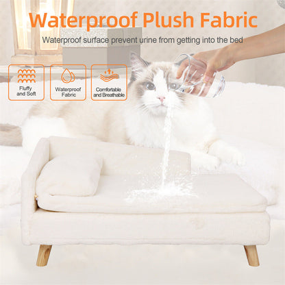 Raised pet sofa bed with plush cushion on solid timber legs