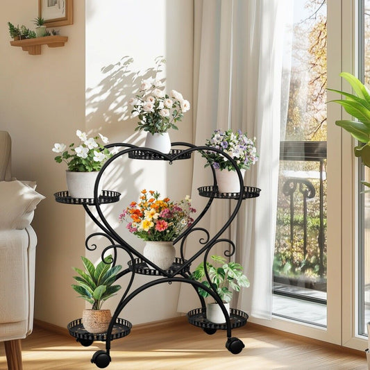 Rolling metal plant stand with wheels and heart-shaped shelf for six pots