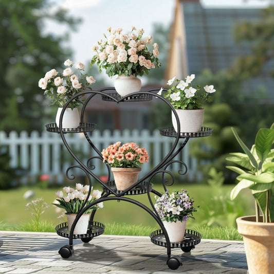 Rolling metal plant stand with wheels and heart-shaped shelf for six pots