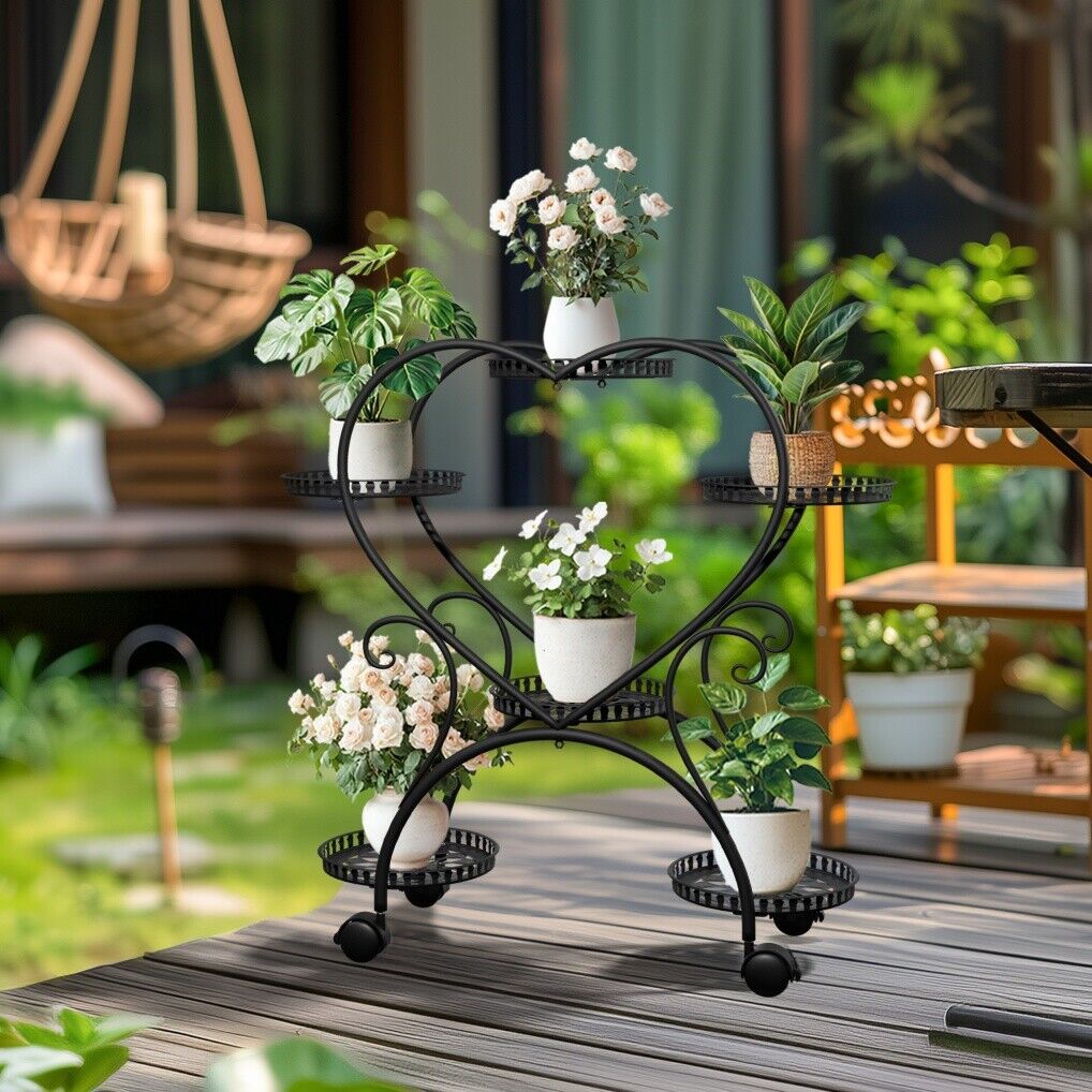Rolling metal plant stand with wheels and heart-shaped shelf for six pots