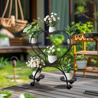 Rolling metal plant stand with wheels and heart-shaped shelf for six pots