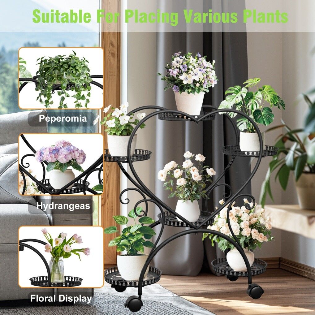 Rolling metal plant stand with wheels and heart-shaped shelf for six pots