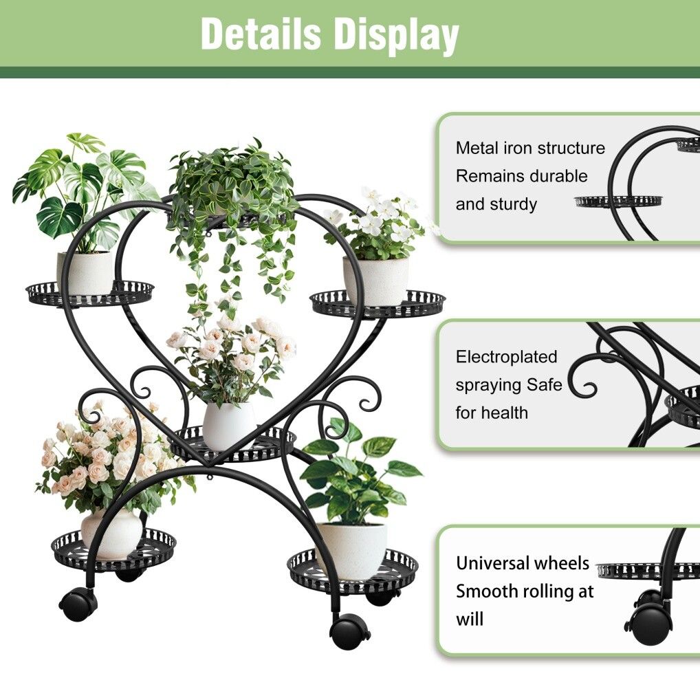 Rolling metal plant stand with wheels and heart-shaped shelf for six pots
