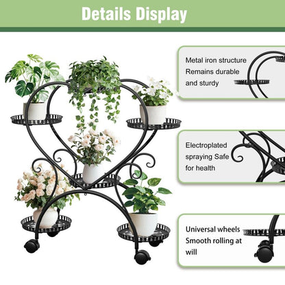 Rolling metal plant stand with wheels and heart-shaped shelf for six pots