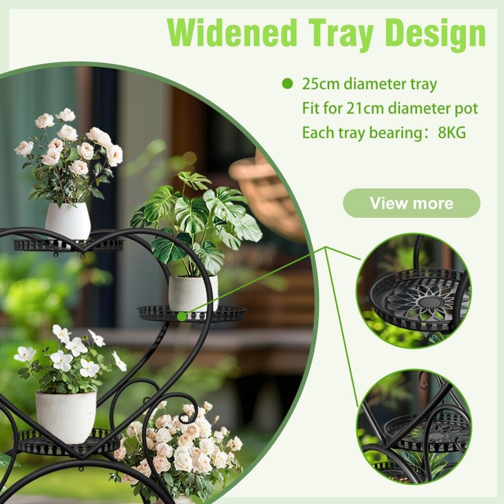 Rolling metal plant stand with wheels and heart-shaped shelf for six pots