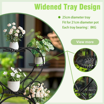 Rolling metal plant stand with wheels and heart-shaped shelf for six pots