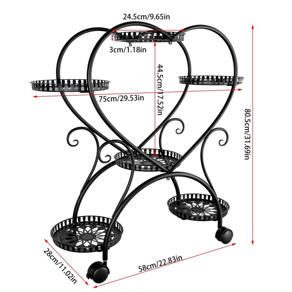 Rolling metal plant stand with wheels and heart-shaped shelf for six pots