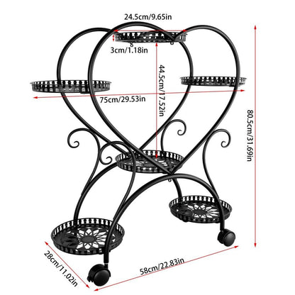 Rolling metal plant stand with wheels and heart-shaped shelf for six pots