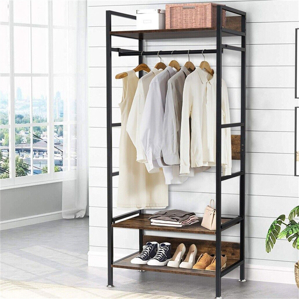 Three tier clothes rack with hanging rod, shelf and adjustable shelving