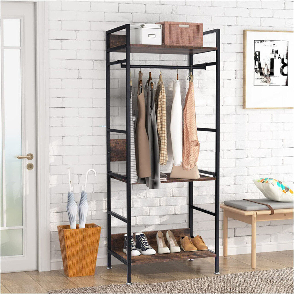Three tier clothes rack with hanging rod, shelf and adjustable shelving