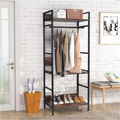Three tier clothes rack with hanging rod, shelf and adjustable shelving