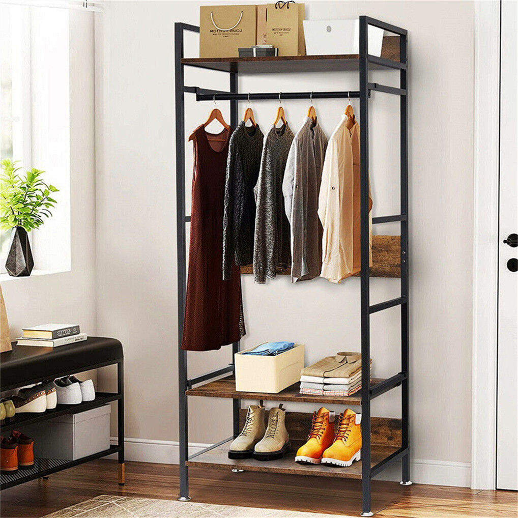 Three tier clothes rack with hanging rod, shelf and adjustable shelving