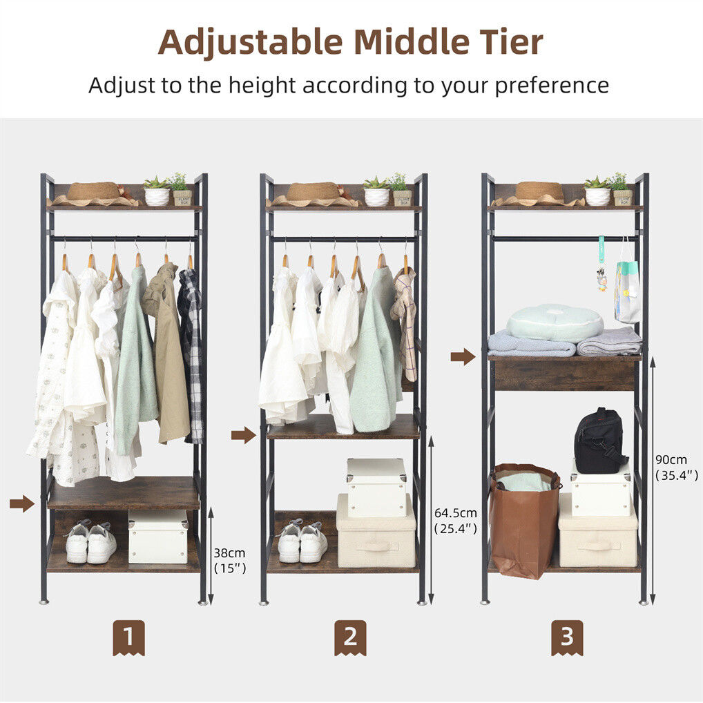Three tier clothes rack with hanging rod, shelf and adjustable shelving