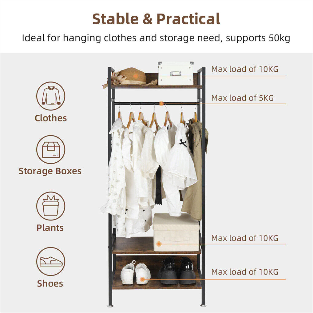 Three tier clothes rack with hanging rod, shelf and adjustable shelving