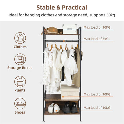 Three tier clothes rack with hanging rod, shelf and adjustable shelving