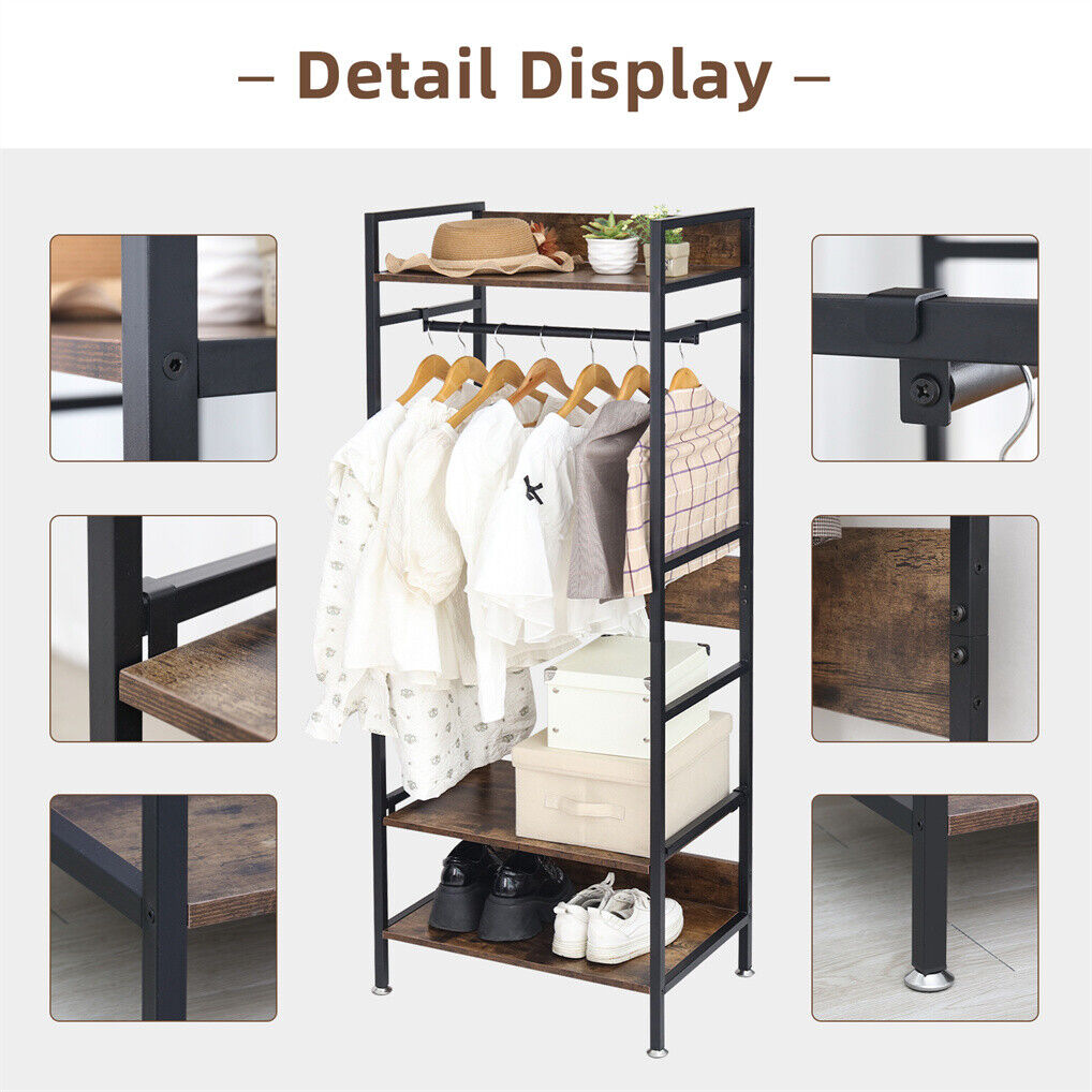 Three tier clothes rack with hanging rod, shelf and adjustable shelving