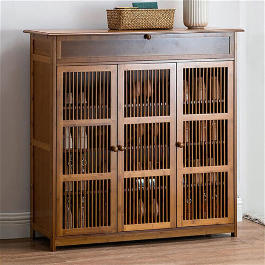Four tier wooden shoe cabinet with three slatted doors and a drawer
