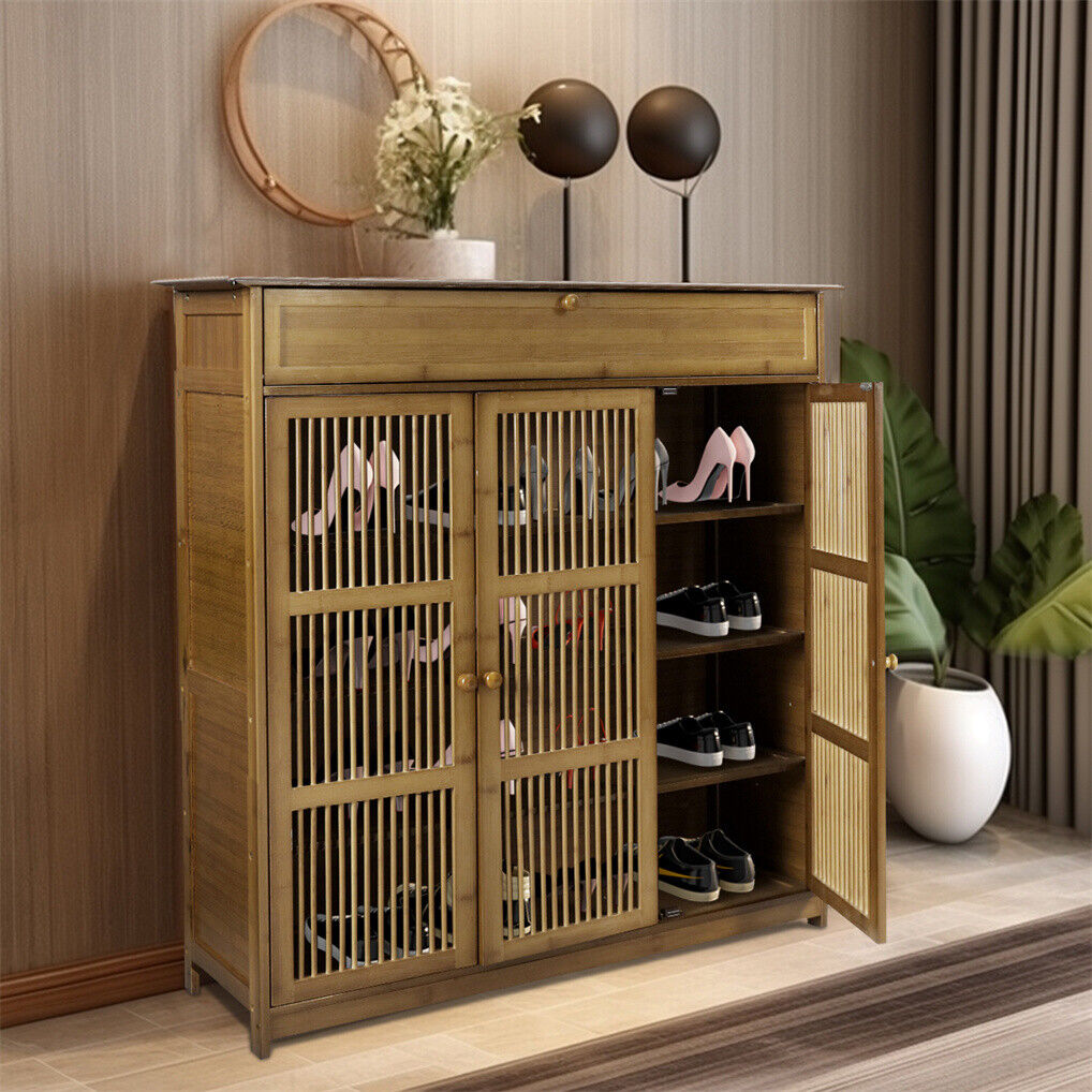 Four tier wooden shoe cabinet with three slatted doors and a drawer