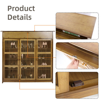 Four tier wooden shoe cabinet with three slatted doors and a drawer